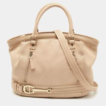 Pre Owned Aigner Beige Grained Leather Logo Buckle Satchel