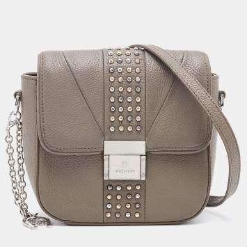 Pre Owned Aigner Grey Leather Studded Flap Shoulder Bag