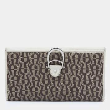 Pre Owned Aigner Off White/Brown Leather and Signature Canvas Continental Wallet