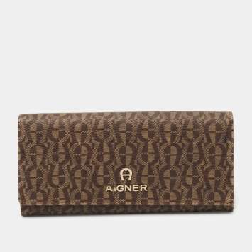 Pre Owned Aigner Beige Signature Coated Canvas Logo Flap Continental Wallet