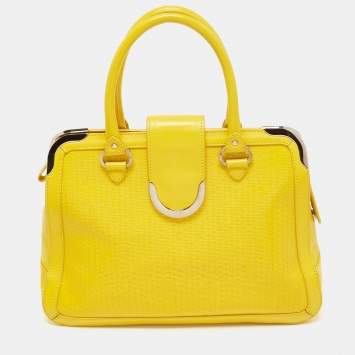 Pre Owned Aigner Yellow Woven Embossed Leather Flap Frame Satchel