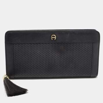 Pre Owned Aigner Black Woven Leather Cavallina Zip Around Continental Wallet