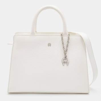 Pre Owned Aigner White Grained Leather Cybill Tote