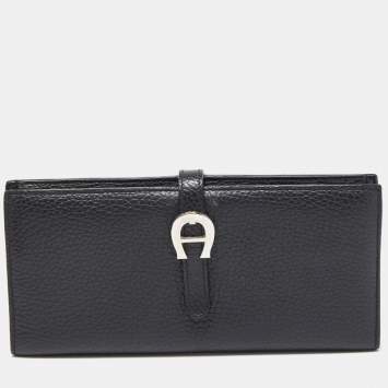 Pre Owned Aigner Black Grained Leather Logo Bifold Flap Wallet
