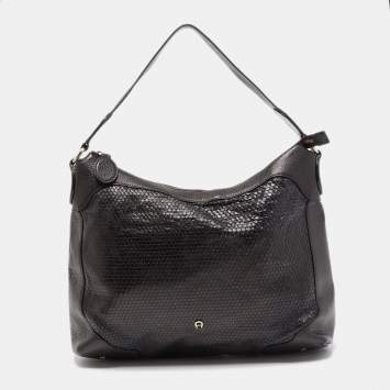 Pre Owned Aigner Black Embossed Leather Zip Hobo