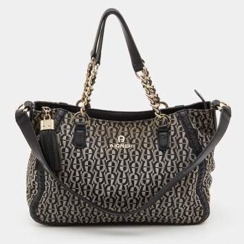 Pre Owned Aigner Grey/Black Signature Canvas and Leather Tote