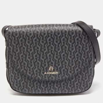 Pre Owned Aigner Black/Grey Signature Coated Canvas and Leather Flap Crossbody Bag 