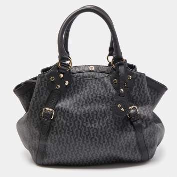 Pre Owned Aigner Black/Dark Grey Signature Coated Canvas and Leather Tote