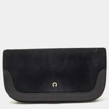 Pre Owned Aigner Black Suede And Leather Logo Flap Clutch