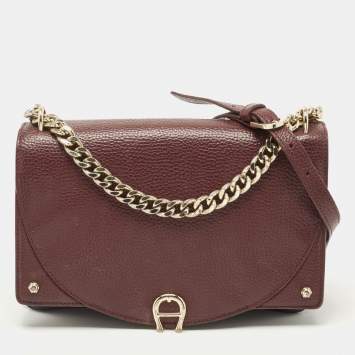 Pre Owned Aigner Burgundy/Black Leather Diadora Shoulder Bag 
