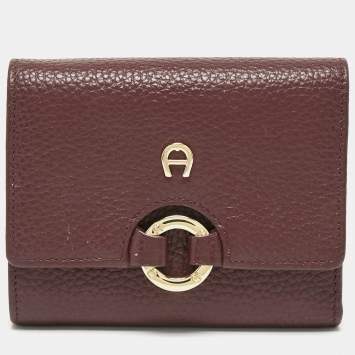 Pre Owned Aigner Burgundy Leather Logo Trifold Wallet