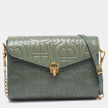Pre Owned Aigner Green Logo Embossed Leather Pria Chain Shoulder Bag
