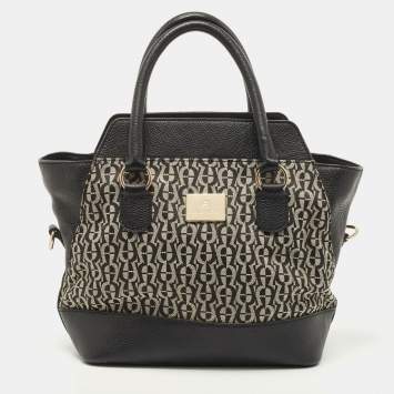 Pre Owned Aigner Black/White Signature Canvas and Leather Logo Satchel