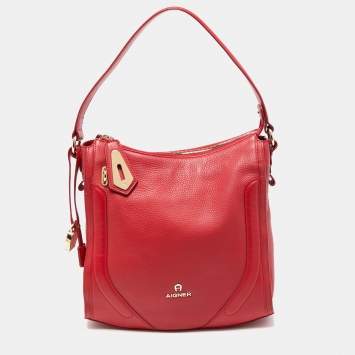 Pre Owned Aigner Red Leather Padlock Zip Hobo 
