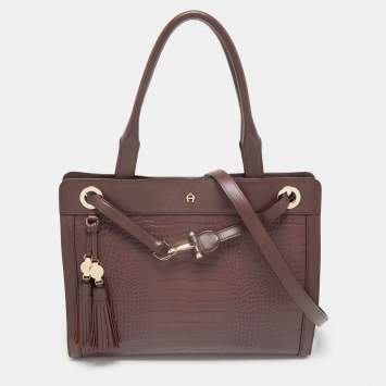 Pre Owned Aigner Burgundy Croc Embossed Leather Cavallina Top Handle Bag
