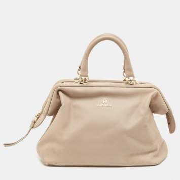 Pre Owned Aigner Taupe Leather Frame Satchel