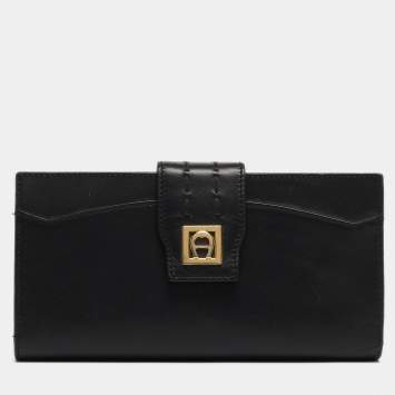 Pre Owned Aigner Black Leather Logo Continental Wallet