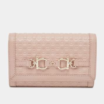 Pre Owned Aigner Pink Logo Embossed Leather Compact Wallet 