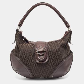 Pre Owned Aigner Dark Brown Monogram Canvas and Leather Buckle Flap Hobo