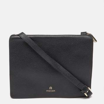 Pre Owned Aigner Black Leather Flap Crossbody Bag