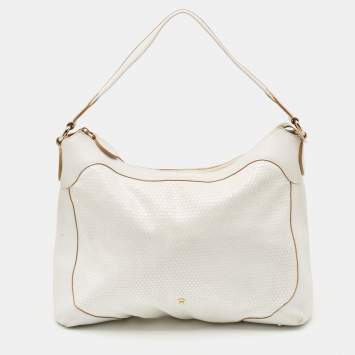 Pre Owned Aigner White Embossed Leather Zip Hobo