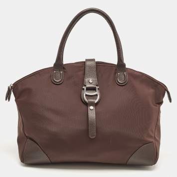 Pre Owned Aigner Dark Brown Nylon and Leather Logo Flap Satchel