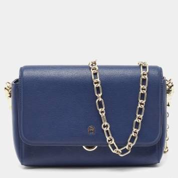 Pre Owned Aigner Navy Blue Leather Flap Chain Shoulder Bag