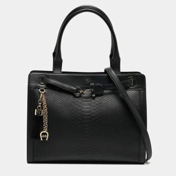 Pre Owned Aigner Black Python Embossed Leather and Leather Cavallina Tote