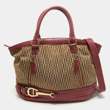 Pre Owned Aigner Brown/Pinnk Signature Canvas and Croc Embossed Leather Buckle Logo Satchel