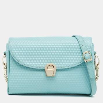 Pre Owned Aigner Light Turquoise Embossed Leather Genoveva Shoulder Bag