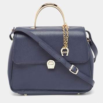 Pre Owned Aigner Navy Blue Leather Genoveva M Top Handle Bag 