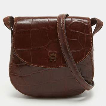 Pre Owned Aigner Dark Brown Croc Embossed Leather Logo Flap Crossbody Bag 