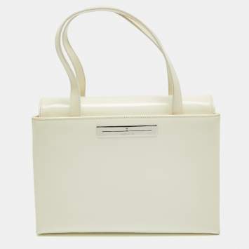 Pre Owned Aigner White Patent Leather Logo Flap Tote