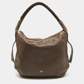 Pre Owned Aigner Dark Brown Leather Logo Hobo