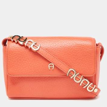 Pre Owned Aigner Orange Leather Flap Crossbody Bag
