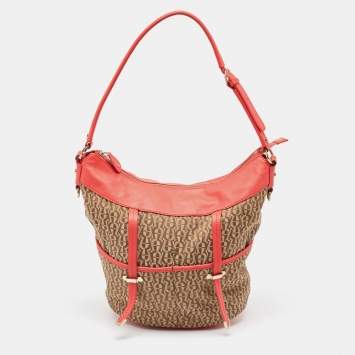 Pre Owned Aigner Coral/Brown Monogram Canvas and Leather Bucket Bag