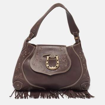 Pre Owned Aigner Dark Brown Leather Fringe Hobo