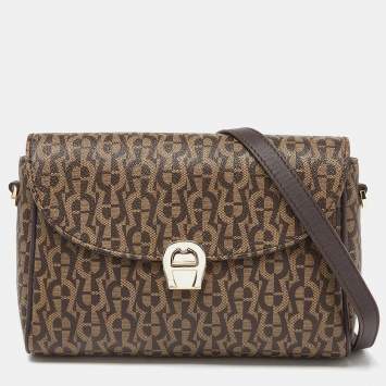 Pre Owned Aigner Brown Coated Canvas and Leather Crossbody Bag