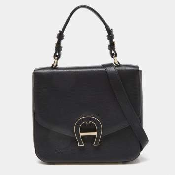 Pre Owned Aigner Black Leather Logo Flap Top Handle Bag