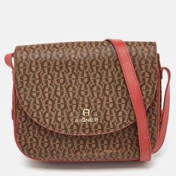 Pre Owned Aigner Brown/Red Signature Coated Canvas and Leather Crossbody Bag