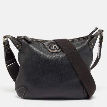 Pre Owned Aigner Black Leather Logo Messenger Bag