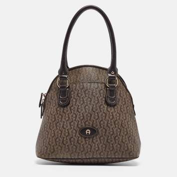 Pre Owned Aigner Dark Brown Monogram Coated Canvas and Leather Zip Satchel