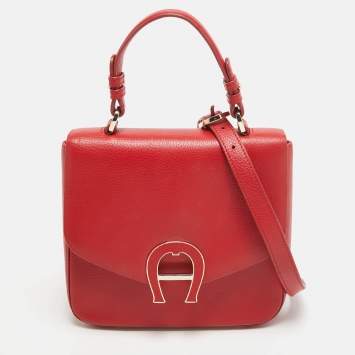 Pre Owned Aigner Red Leather Logo Flap Top Handle Bag