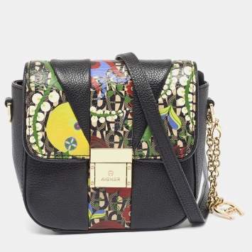 Pre Owned Aigner Black Leather and Coated Canvas Crossbody Bag