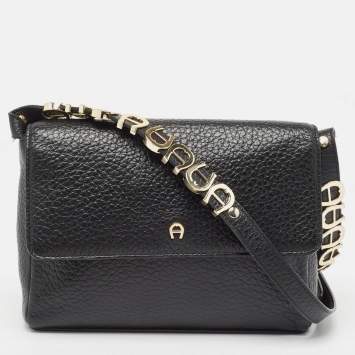 Pre Owned Aigner Black Pebbled Leather Flap Shoulder Bag