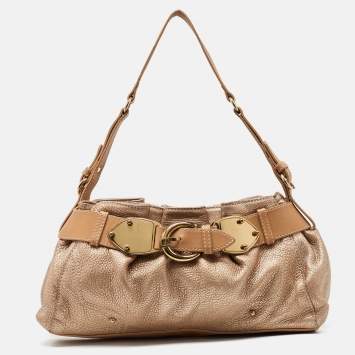 Pre Owned Aigner Metallic Beige Leather Buckle Satchel
