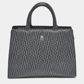 Pre Owned Aigner Black/Dark Grey Signature Coated Canvas Cybill Tote