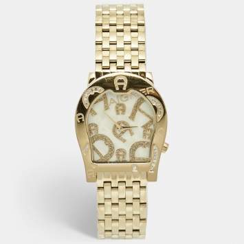 Pre Owned Aigner Yellow Mother of Pearl Gold Plated Steel Diamond Ravenna Nuovo A25100 Women's Wristwatch 33 mm