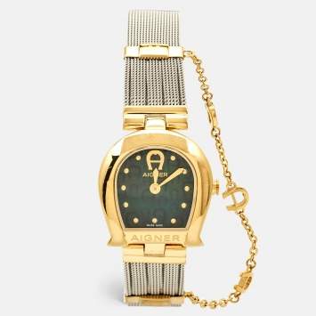Pre Owned Aigner Green Mother Of Pearl Two-Tone Stainless Steel Cremona A115200 Women's Wristwatch 28 mm