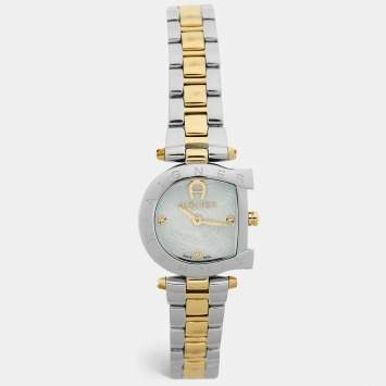 Pre Owned Aigner Mother of Pearl Two Tone Stainless Steel Arco A34200 Women's Wristwatch 25 mm 